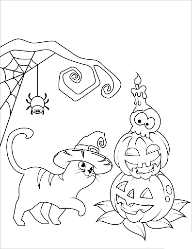 Kolorowanka kotek patrzy na Halloweenowe dynie